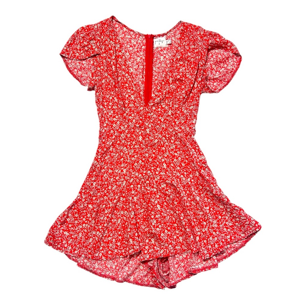 Orange Red Floral Romper with Flutter Sleeves